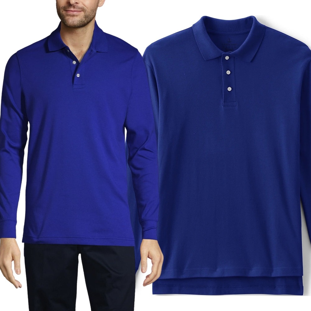Lands End Mens XL Long Sleeve Interlock Polo Shirt Navy Blue Traditional‎ Fit